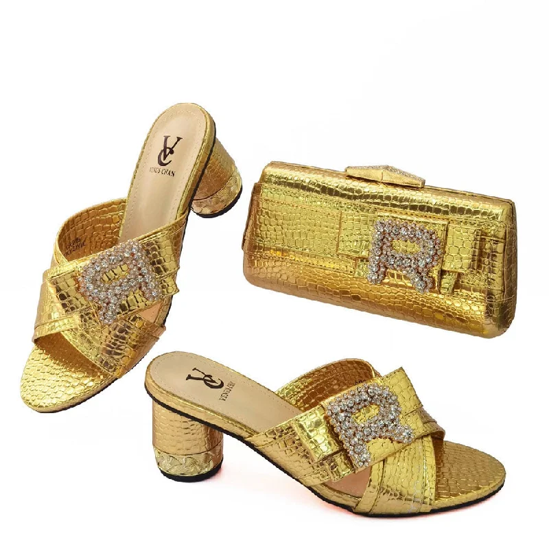 Gold Color Matching Italian Shoes and Bags Set