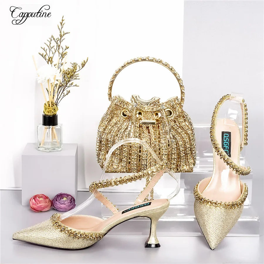 Gold Shoes And Bag Set For Women Luxury Ladies Pumps Match With Handbag