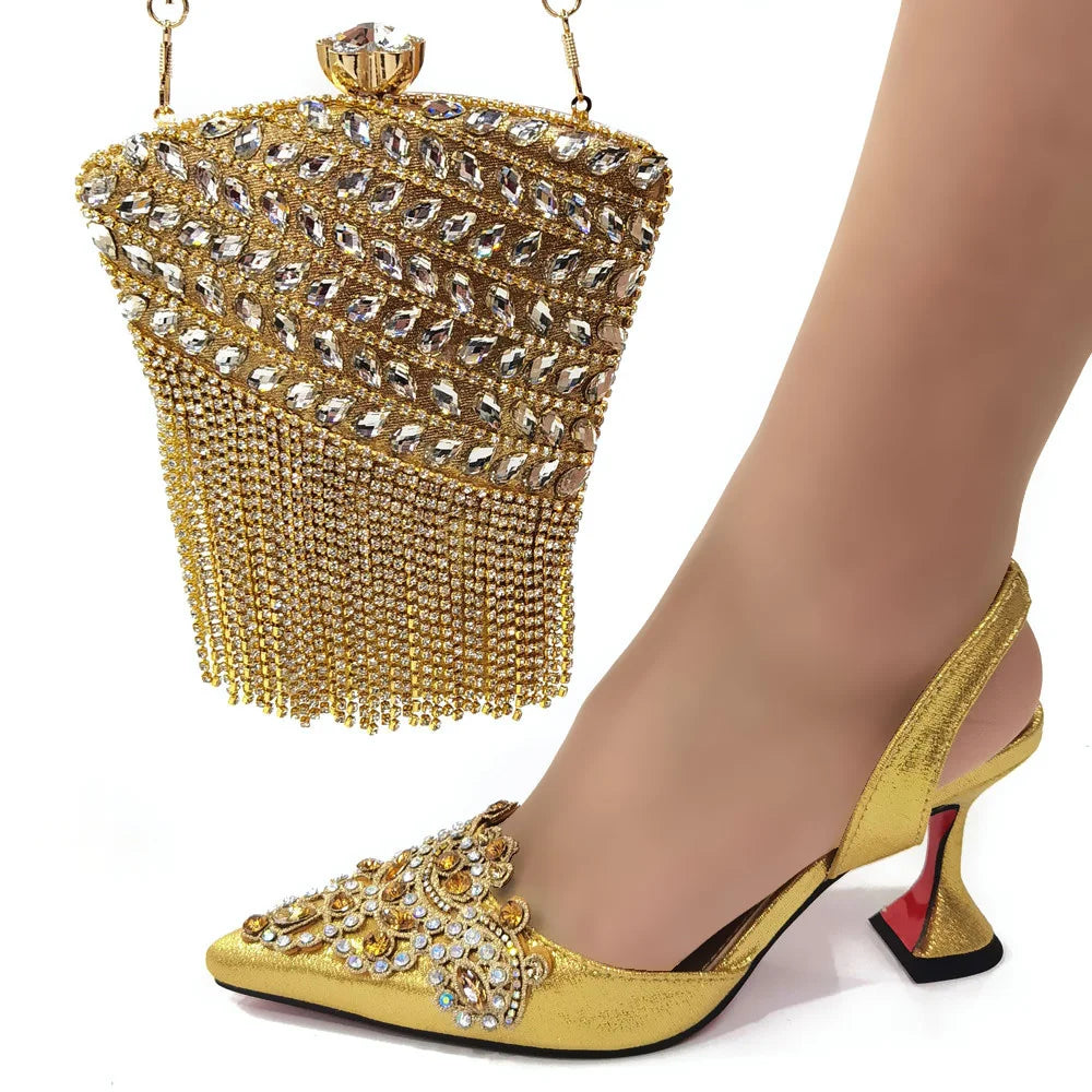 Gold Woman Shoes And Bag Set Ladies Stones Pumps Match With Handbag