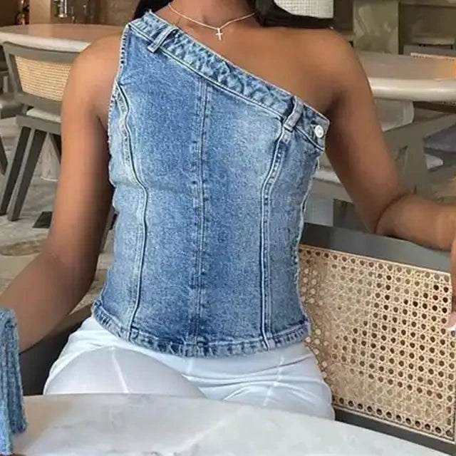 Women's button-up denim tank top for chic casual look -GX3399 Asymmetrical Design Denim Blue Color Sleeveless Casual Fashion Women's Jeans Crop Tank Tops