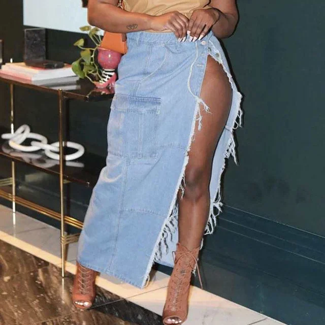 Women's cropped denim skirts for playful outfits -GX9150 Wholesale 2023 Women's spring autumn new fashion personality washable pocket high slit jeans denim long skirt Women's cropped denim skirts for playful outfits -GX9150 Wholesale 2023 Women's spring autumn new fashion personality washable pocket high slit jeans denim long skirt