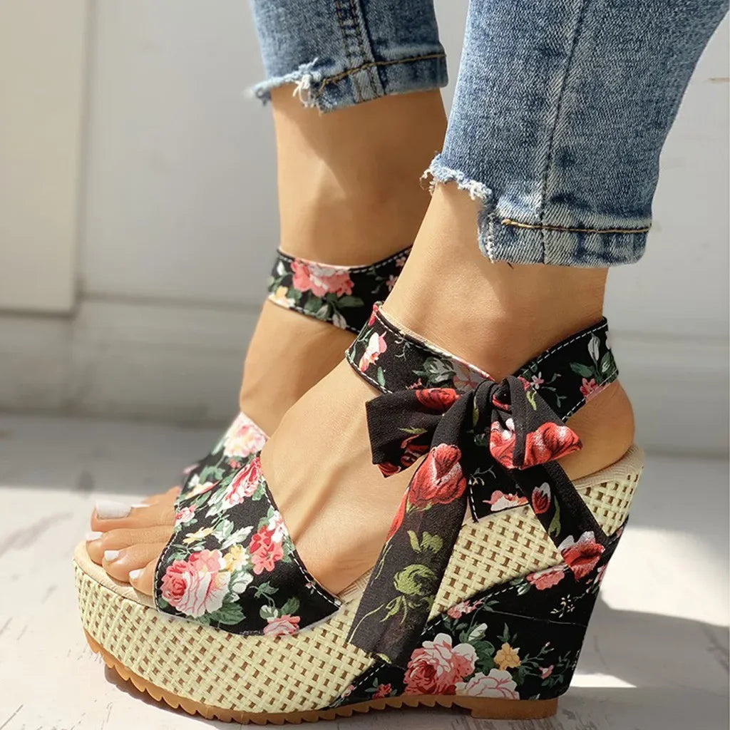 Heel Footwear Ladies Shoes Platform Floral Women's Lace-up Wedges Comfy---Affordable Strappy Platform Heels with Premium Quality