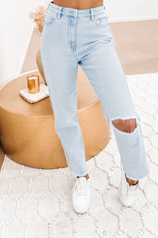 Women's denim jeans with a environmental change cause design embellishment-Hi Mom Jean Fortunate Fade