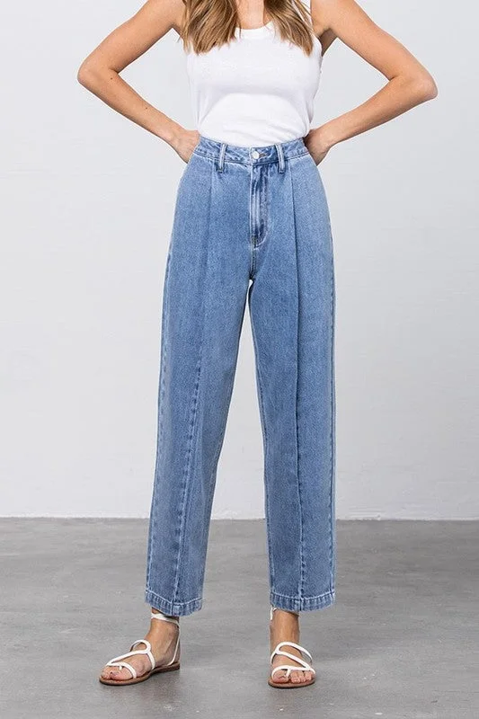 Women's denim jeans with a bone embellishment-HI-WAIST SLOUCH JEANS