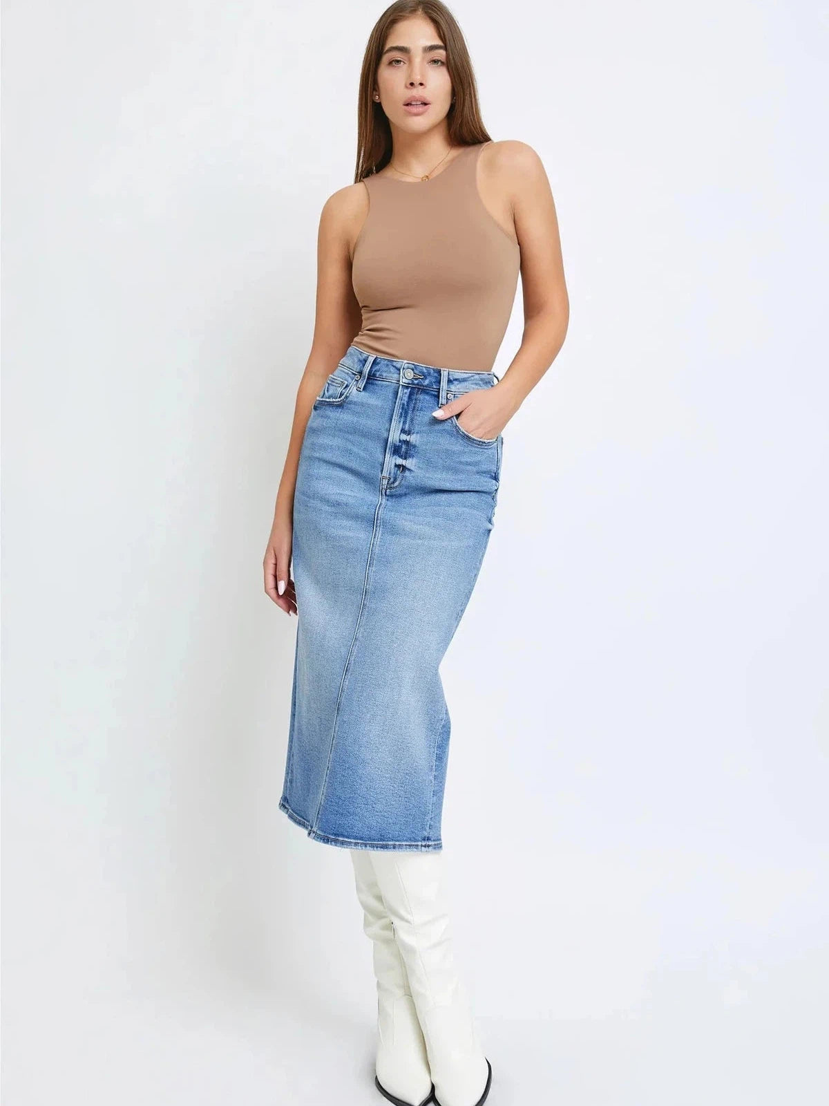 Women's patchwork denim skirts for eclectic look -HIDDEN JEANS Peyton Denim Midi Pencil Skirt Women's patchwork denim skirts for eclectic look -HIDDEN JEANS Peyton Denim Midi Pencil Skirt