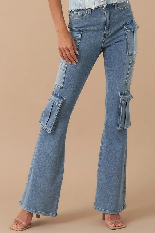 Women's denim jeans with a glass embellishment-HIGH RISE CARGO BOOT DENIM
