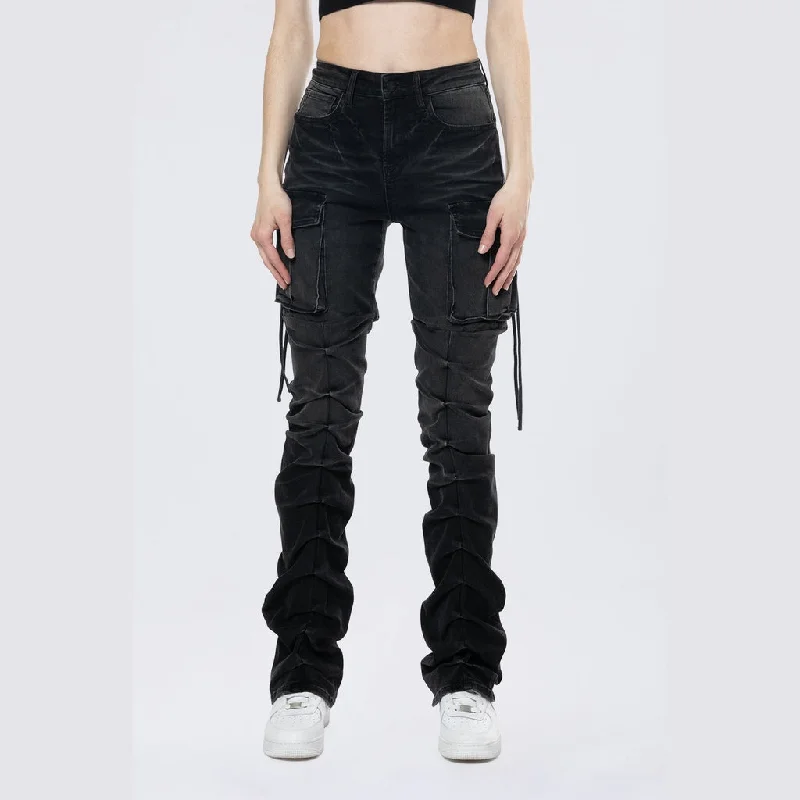 High Rise Cargo Bootcut Jeans - Aurora Black