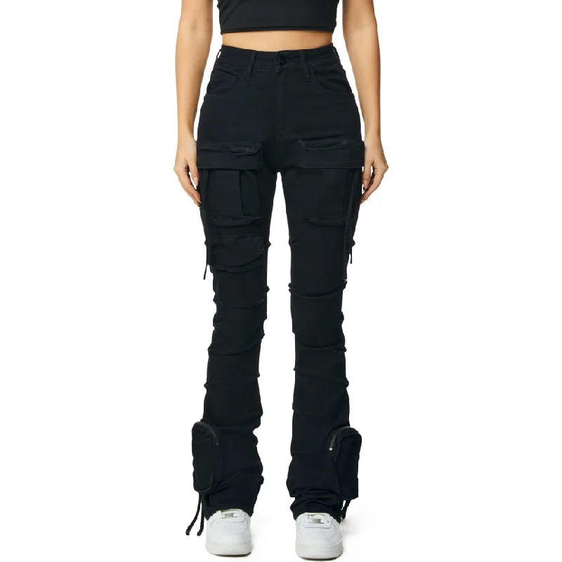High Rise Cargo Stacked Jeans - Deep Black