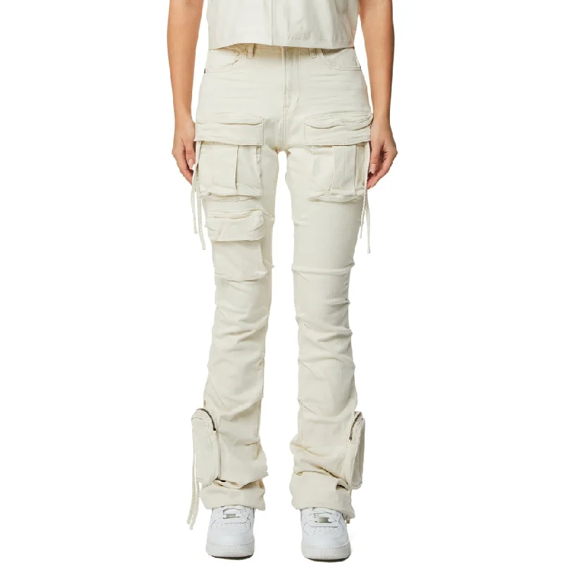High Rise Cargo Stacked Jeans - Ecru