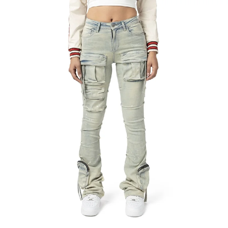 High Rise Cargo Stacked Jeans - Ombre Blue