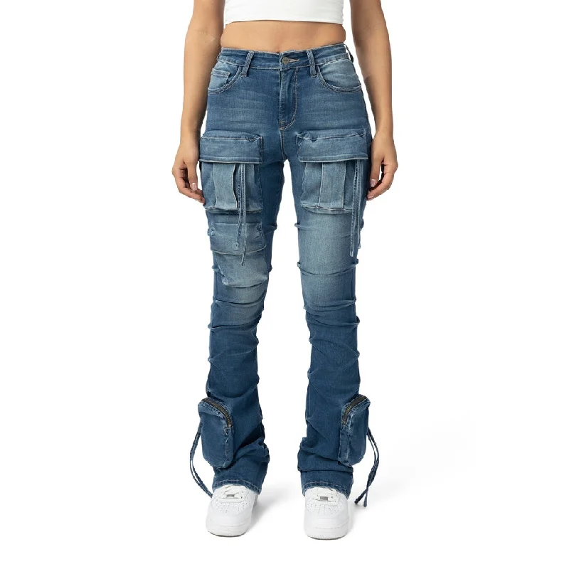 High Rise Cargo Stacked Jeans - Southport Blue