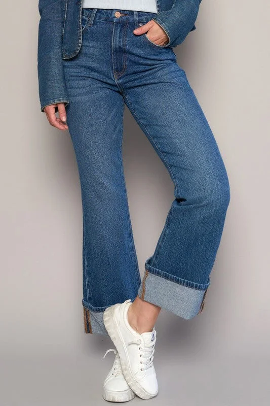 Women's denim jeans with a porcelain embellishment-HIGH-RISE CUFFED CROP BOOT JEANS