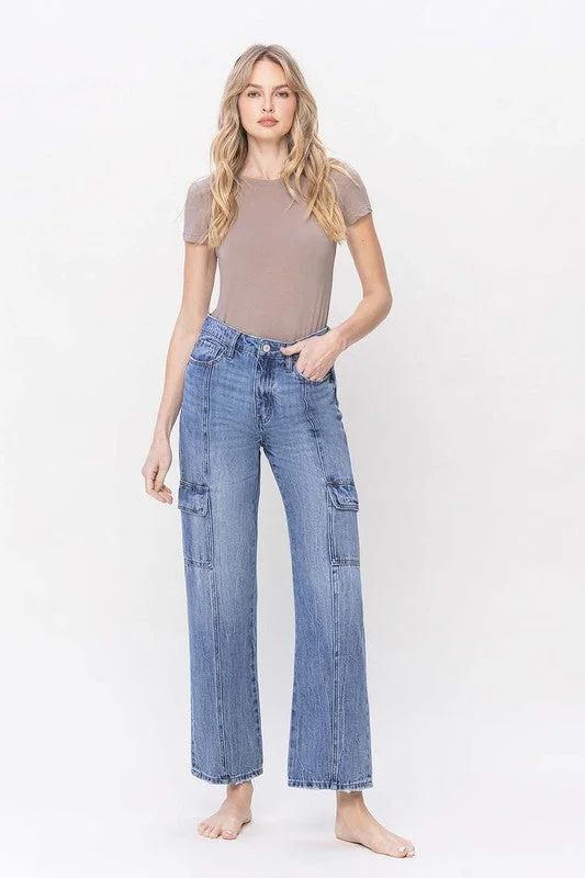 Women's denim jeans with a plastic embellishment-High Rise Dad Cargo Jeans