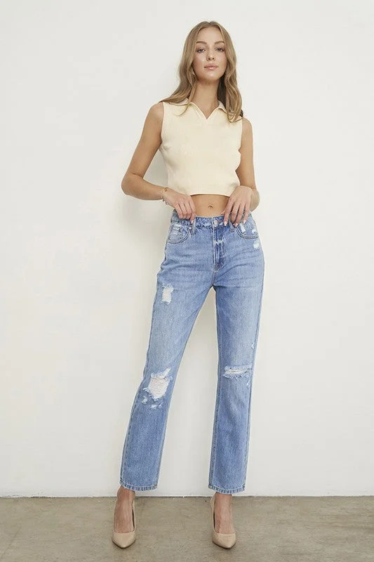 Women's denim jeans with a amphibian embellishment-HIGH RISE DISTRESSED GIRLFRIEND JEANS