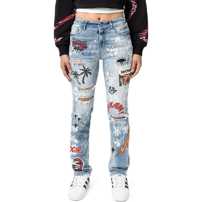 High Rise Graphic Straight Jeans - Cabana Blue