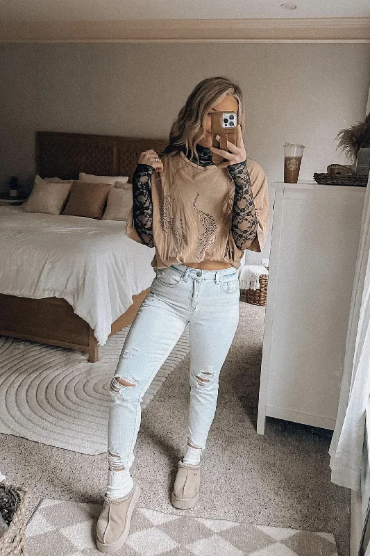 Women's denim jeans with a wide leg-High Rise Jersey Crop Jeans - Destructed Light