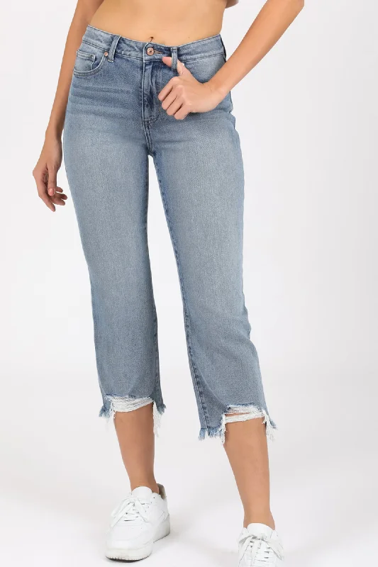 Women's denim jeans for petite women-High Rise Kick Bell Crop Jeans - Nicked Grey Skies