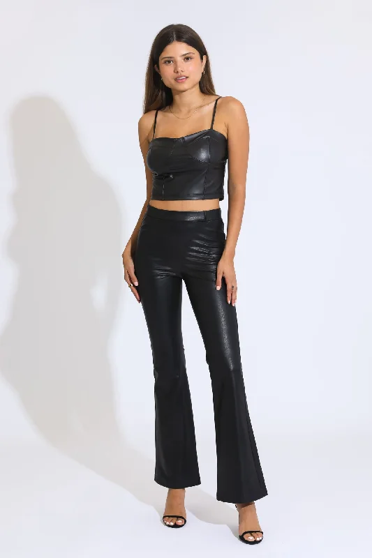 Women's denim jeans for work-HIGH RISE FAUX LEATHER FLARE PANTS- BLACK