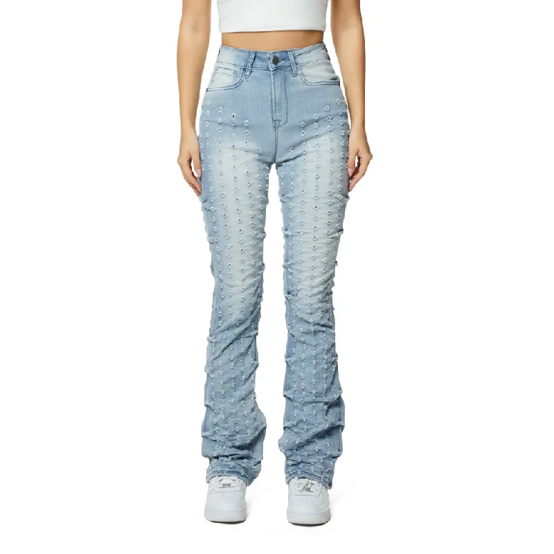High Rise Punched Bootcut Jeans - Sky Blue