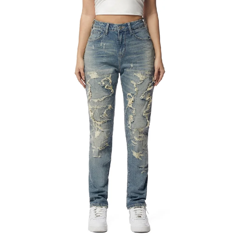 High Rise Rip Off Tapered Jeans - Lisbon Blue