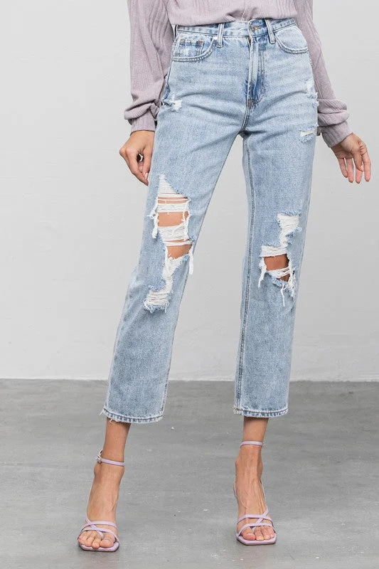 Women's denim jeans with a insect embellishment-High Rise Ripped Girlfriend Jeans