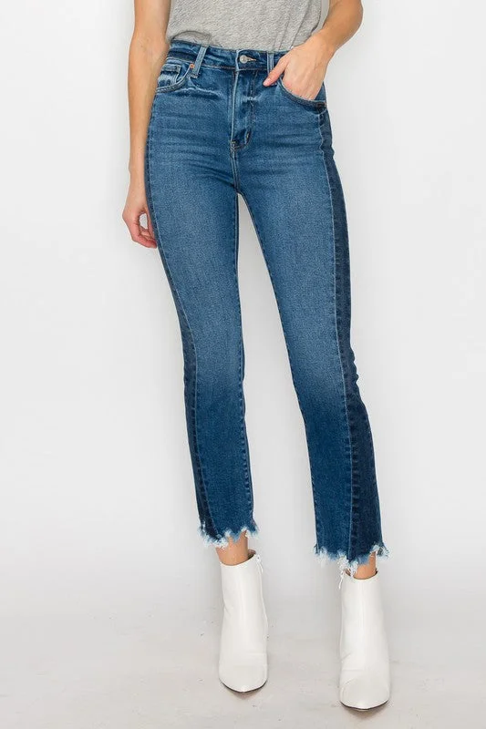 Women's denim jeans with a drawstring waist-HIGH RISE SLIM STRAIGHT JEANS