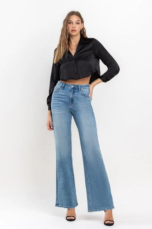 Women's denim jeans with a tribal design embellishment-High Rise Wide Leg Jeans
