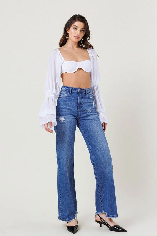 Women's denim jeans with a hope cause design embellishment-High Rise Wide Leg W Distressed Hem Detail