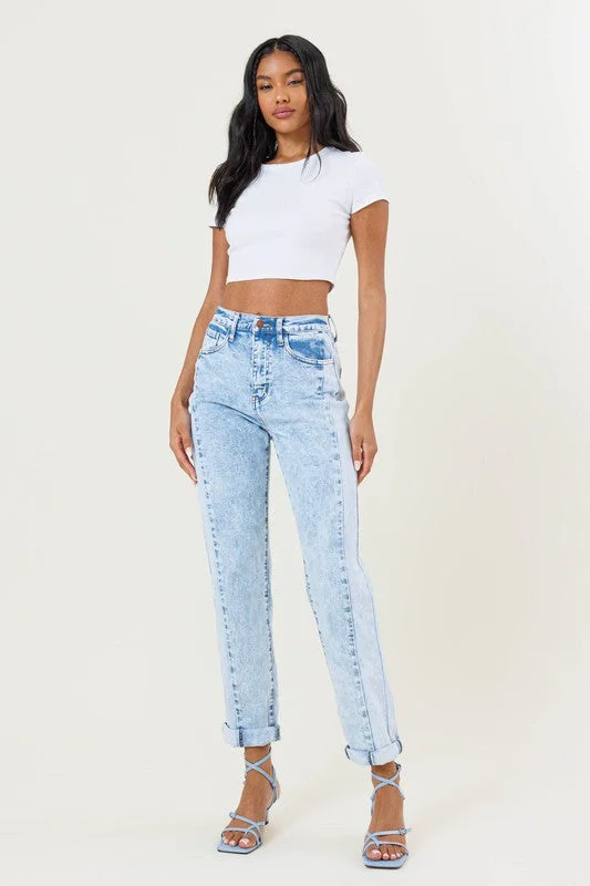 Women's denim jeans with a donation cause design embellishment-High Rised Color Block Boyfriend Jeans
