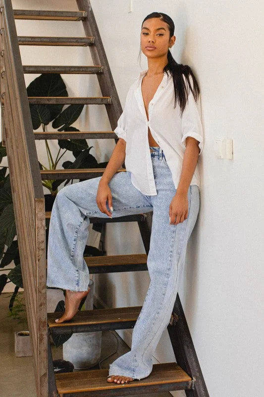 Women's denim jeans with a love cause design embellishment-High Rise Color Block Wide Leg