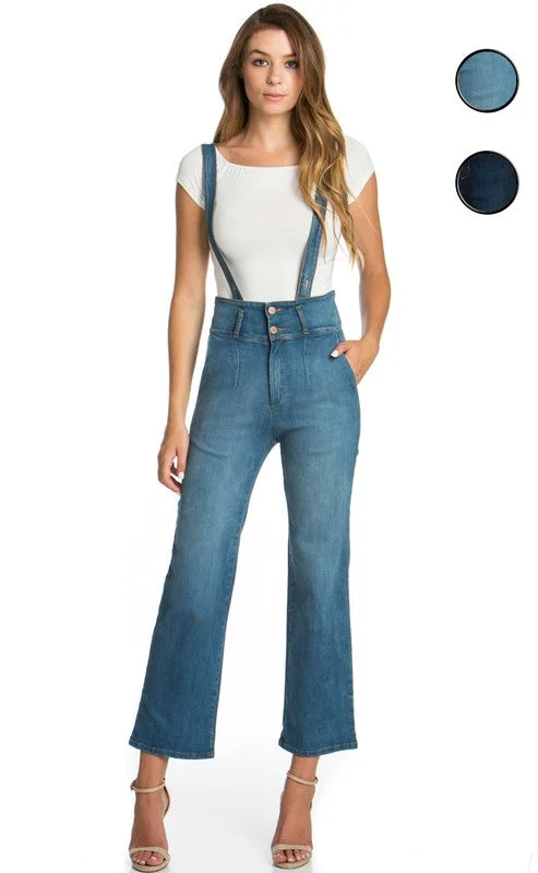 Women's denim jeans with a shell embellishment-High Waist Flare Overall jean denim romper