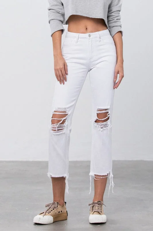 Women's denim jeans with a velvet fabric-High Waist Ripped Frayed Hem Straight Jeans