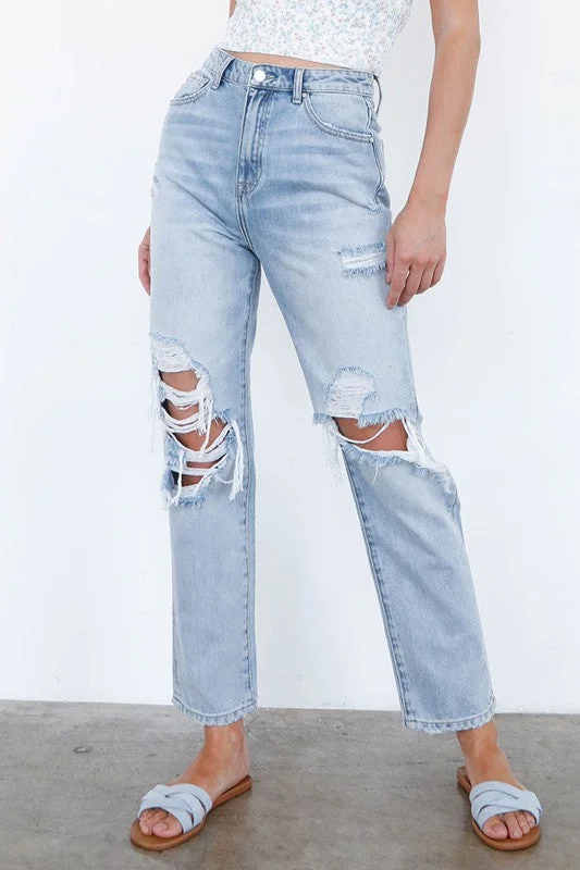 Women's denim jeans with a celestial body embellishment-High Waist Ripped Loose Fit Jeans