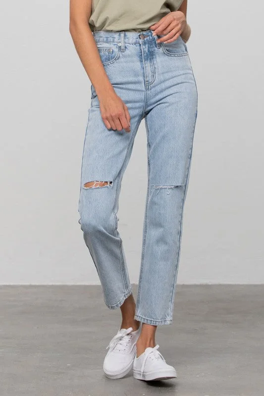 Women's denim jeans with a nature scene embellishment-High Waist Ripped Tapered Jeans