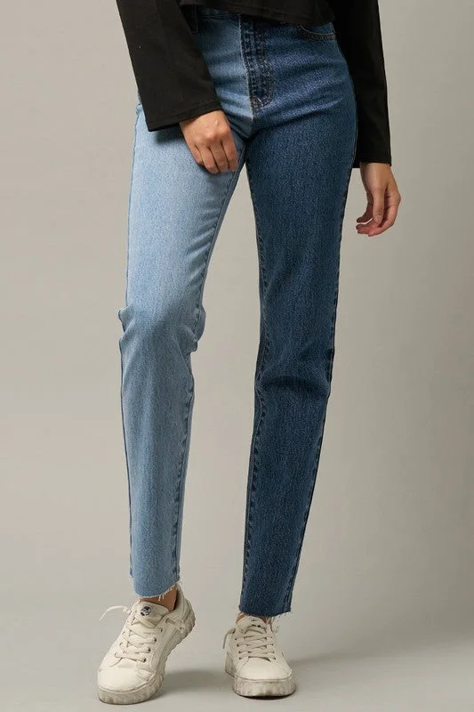 Women's denim jeans with a stud embellishment-High Waist Two Tone Raw Hem Straight Jeans