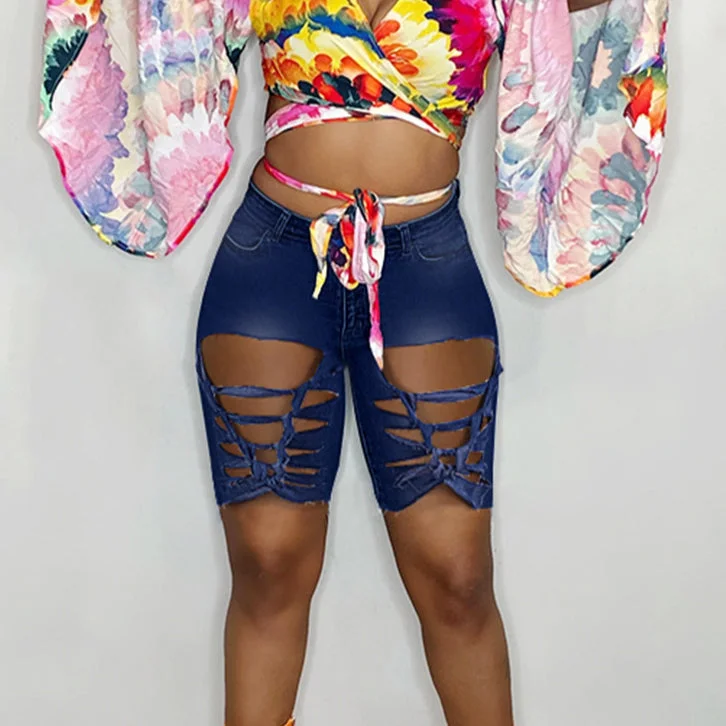 Women's denim shorts with a mom fit-High Waist Women'S Slim Ripped Denim Shorts Wholesale Jeans