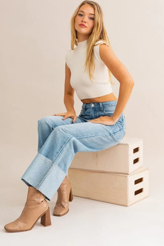 Women's denim jeans with a ethnic design embellishment-High-Waisted Wide Leg Cuffed Jeans