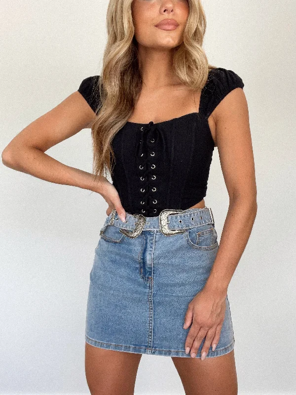 Women's fitted denim skirts for evening events -Honky Tonk Denim Skirt