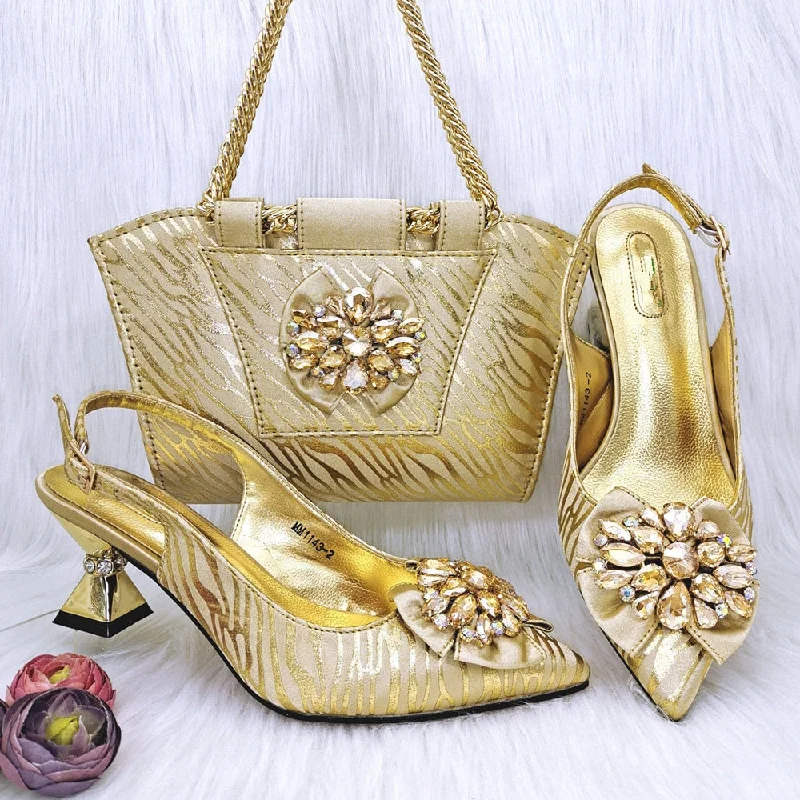 Affordable Rhinestone Pumps for a Dazzling Look---Gold Women Shoes Match Handbag With Big Crystal Decoration