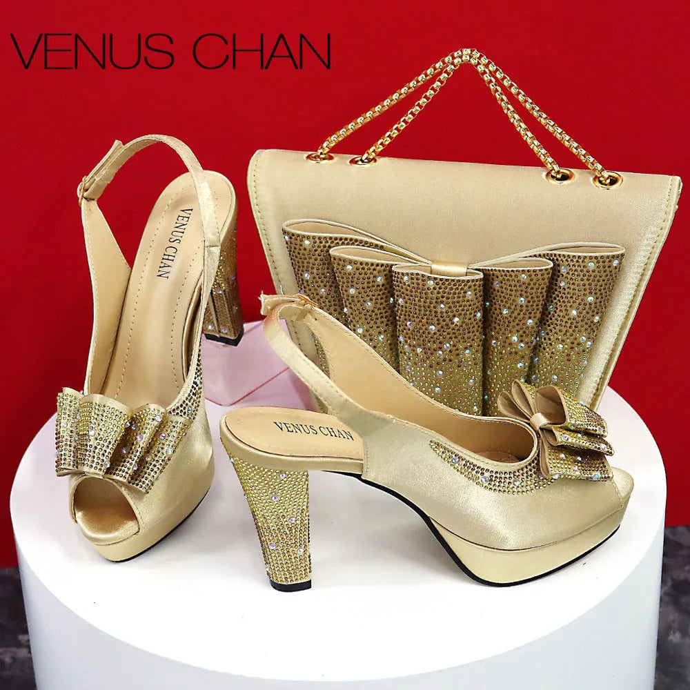 Peep Toe Square Heel Ladies Shoes Matching Bag Set in Golden