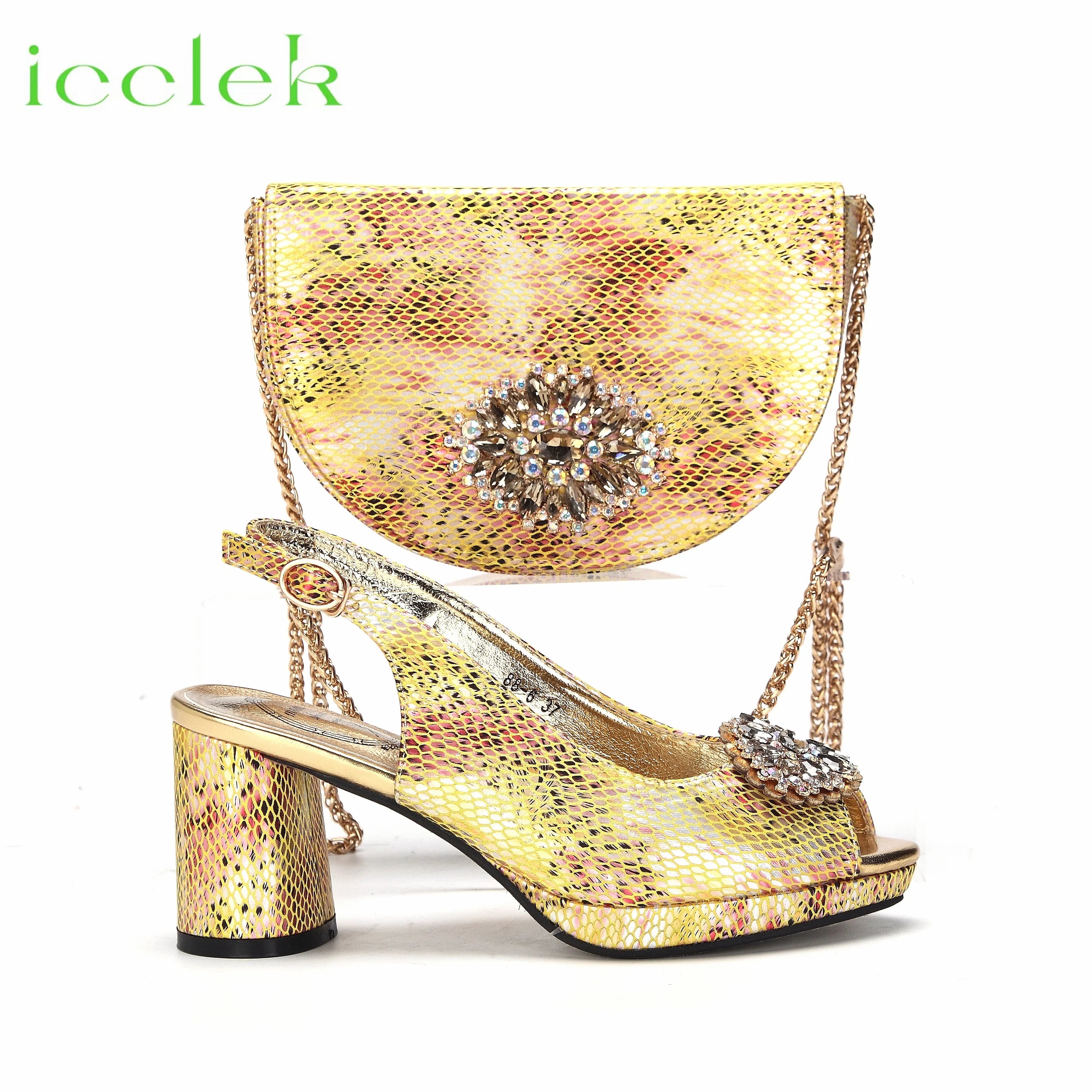 Ladies Snake Shoes Matching Bag Set in Gold Color For Nigerian Party