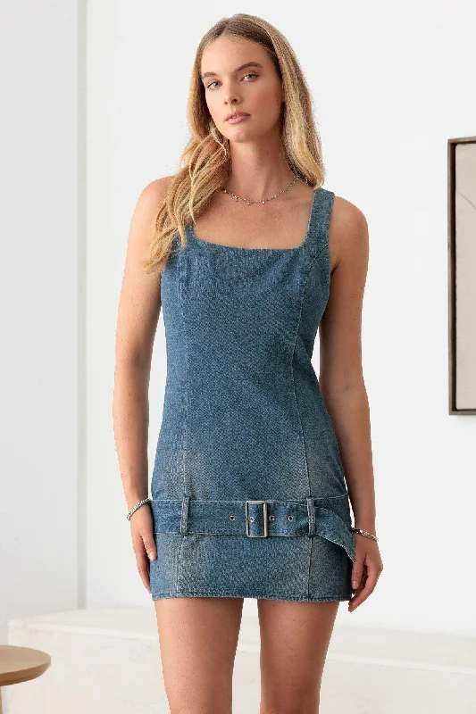Denim dress fabric stretch percentage--Low Slung Buckle Belt Mini Denim Dress