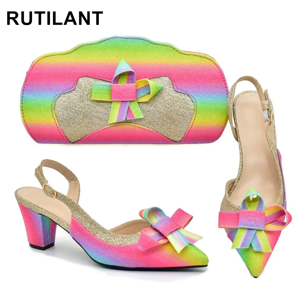 Italian High Fashion Shoes Decorated with Rainbow Butterfly Shoes and Bag---Charming Bow Pumps for a Cute and Stylish Look