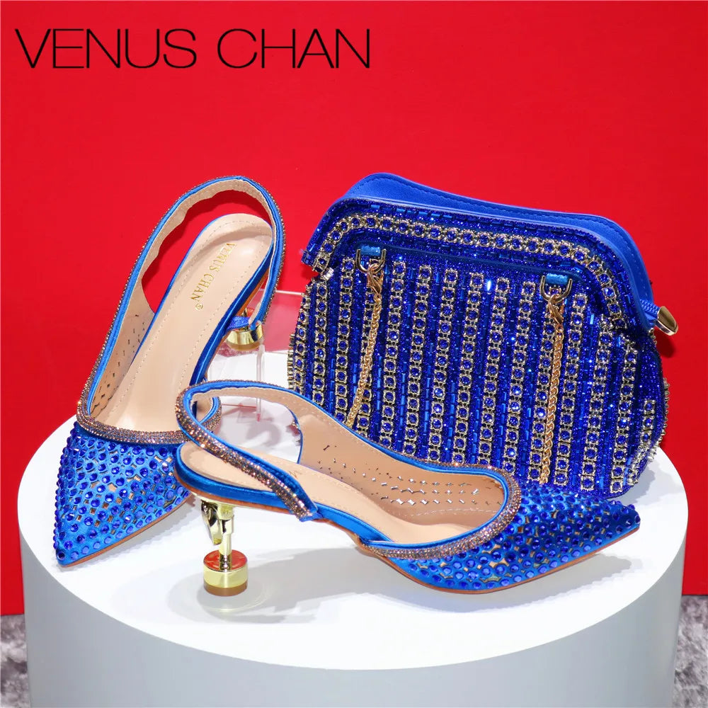 Versatile Heeled Sandals for Any Occasion---Women Shoes Matching Bag in Blue Color Mature African Ladies Comfortable Heels