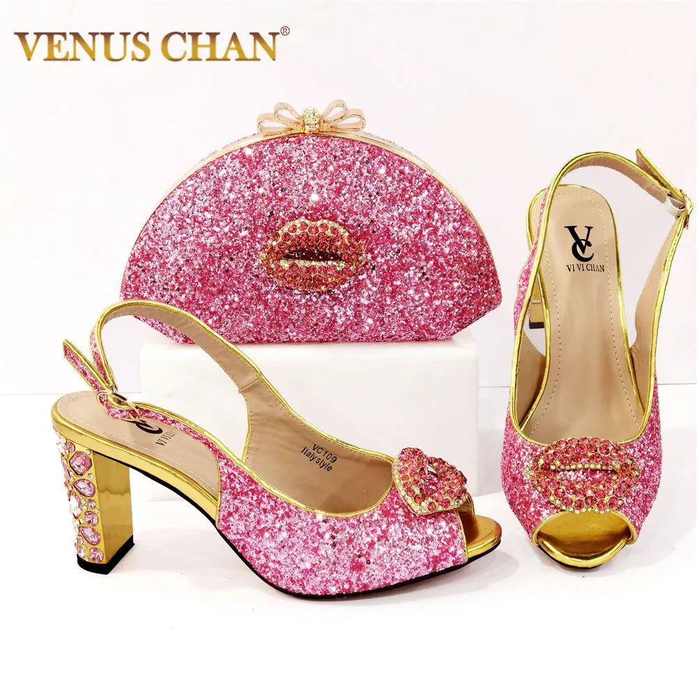 Affordable Rhinestone Pumps for a Dazzling Look---Italian Ladies Pink Color Ladies Shoes and Bags To Match Set Decorated with Rhinestone