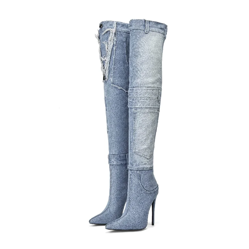 Jackson High Denim Heels---Chic Denim Fabric Heels for a Unique Look