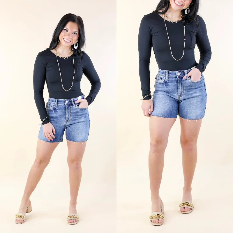 Women's denim shorts on sale-Judy Blue | By Popular Demand Mid Thigh Cut Off Hem Shorts in Light Wash Women's denim shorts on sale-Judy Blue | By Popular Demand Mid Thigh Cut Off Hem Shorts in Light Wash