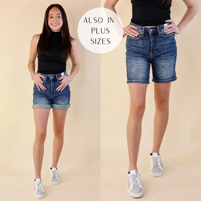 Women's denim shorts for casual brunch-Last Chance Size Small & 3XL | Judy Blue | Urban Ease Tummy Control Mid Thigh Cuffed Shorts in Vintage Dark Wash Women's denim shorts for casual brunch-Last Chance Size Small & 3XL | Judy Blue | Urban Ease Tummy Control Mid Thigh Cuffed Shorts in Vintage Dark Wash