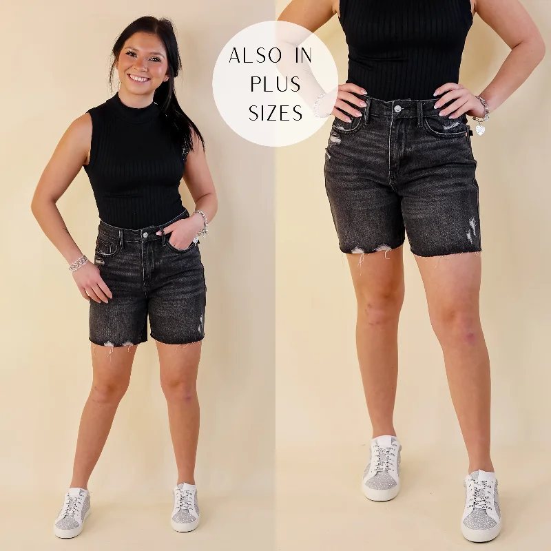 Women's denim shorts for the beach-Judy Blue | Everyday Ease Rigid Magic Mid Thigh Raw Hem Shorts in Black Wash Women's denim shorts for the beach-Judy Blue | Everyday Ease Rigid Magic Mid Thigh Raw Hem Shorts in Black Wash