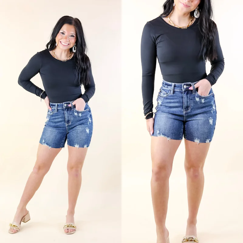 Women's denim shorts with high waist-Judy Blue | Heat of the Moment High Rise Mid Thigh Distressed Denim Shorts in Dark Wash Women's denim shorts with high waist-Judy Blue | Heat of the Moment High Rise Mid Thigh Distressed Denim Shorts in Dark Wash